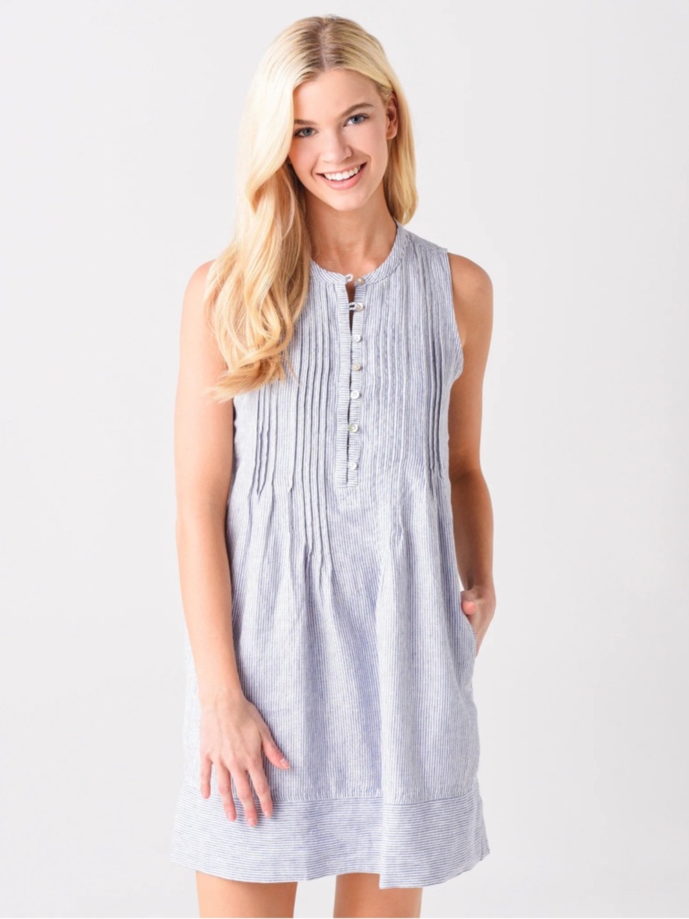 Faherty Ishas Linen Dress Blue and White Stripe Coastal Lightweight Mini Length